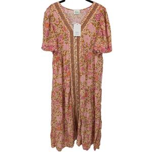 Newin Maxi Dress Women Large Beige Mix Floral Boho Tiered Cottagecore Prairie